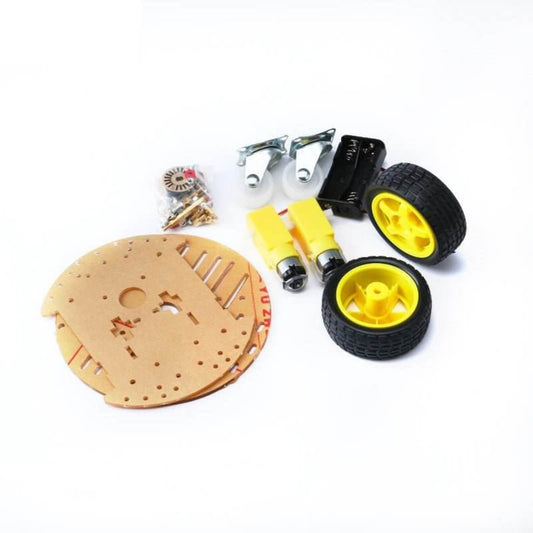Components of 2WD Circular Smart Car DIY Kit: acrylic chassis, TT motors, wheels, battery box, and fasteners.