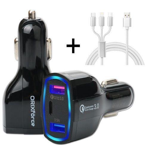 3 Ports ORIX force Premium Car Charger Dual USB + 3 in 1 usb Charging Cable - Sun Cheong Computer Company Limited