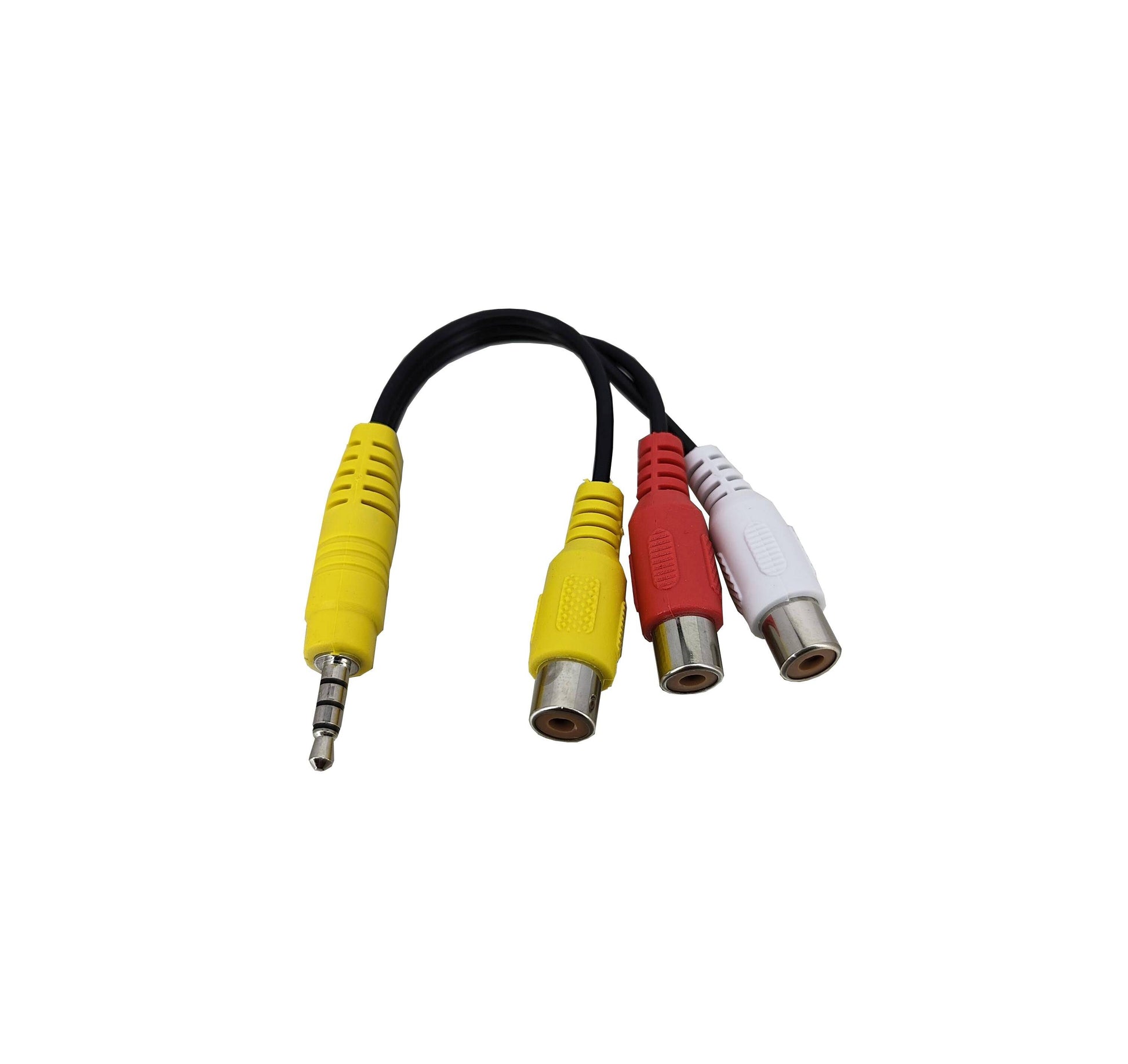 3.5mm male to 3 RCA female AV adapter cable, showing yellow, red, and white connectors for audio and video.
