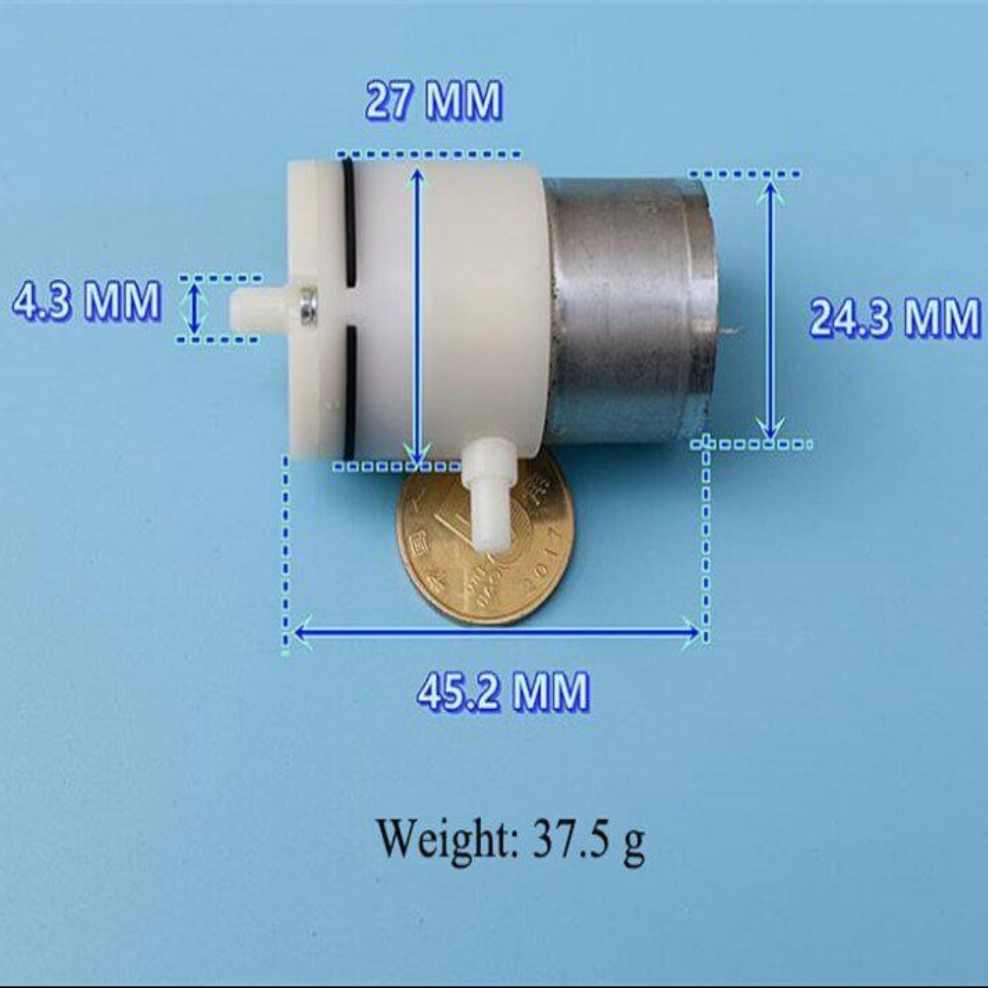 3.7V mini vacuum pump dimensions showing size and weight of 37.5g with a coin for scale.