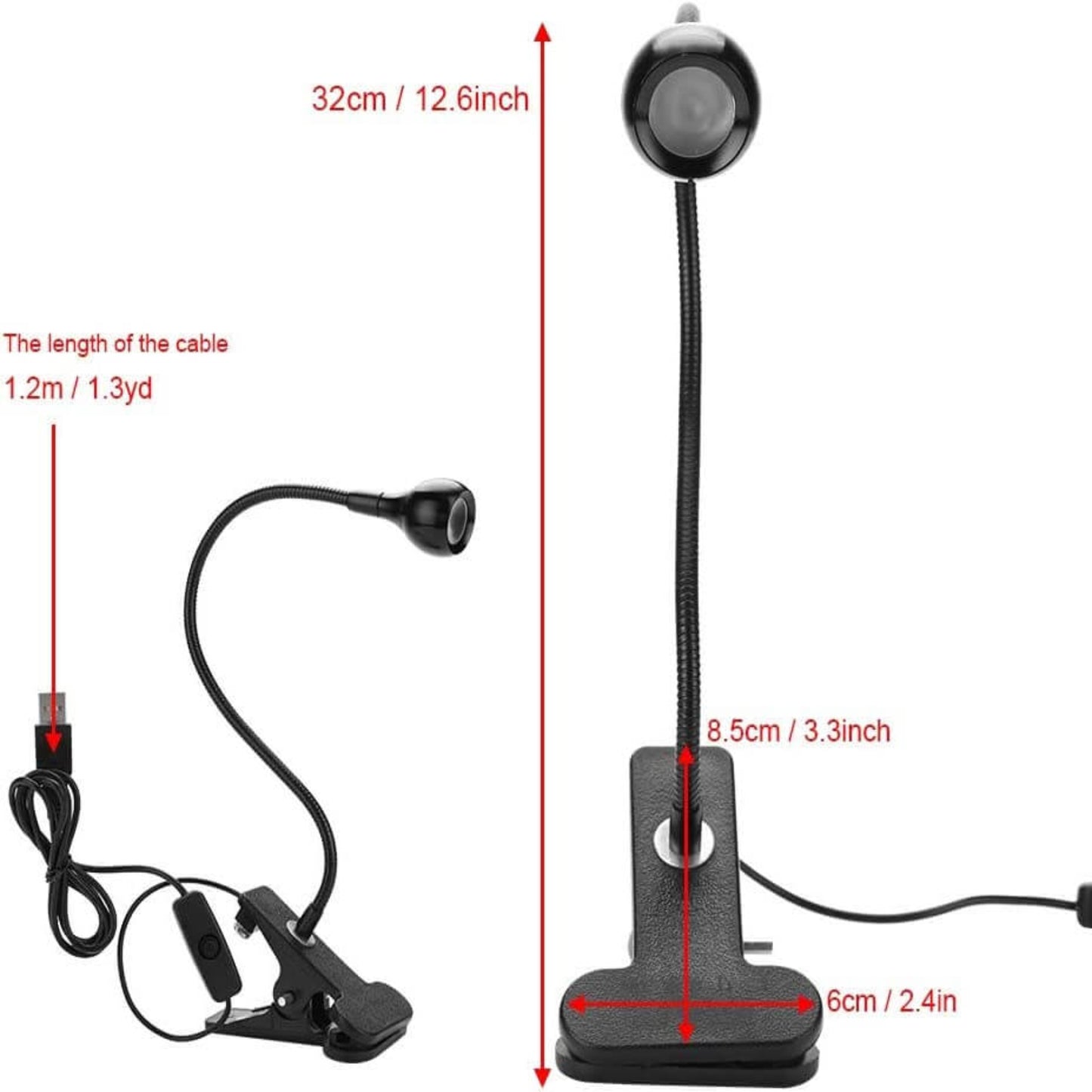 Measurement chart of a flexible microphone with stand and clip on a white background