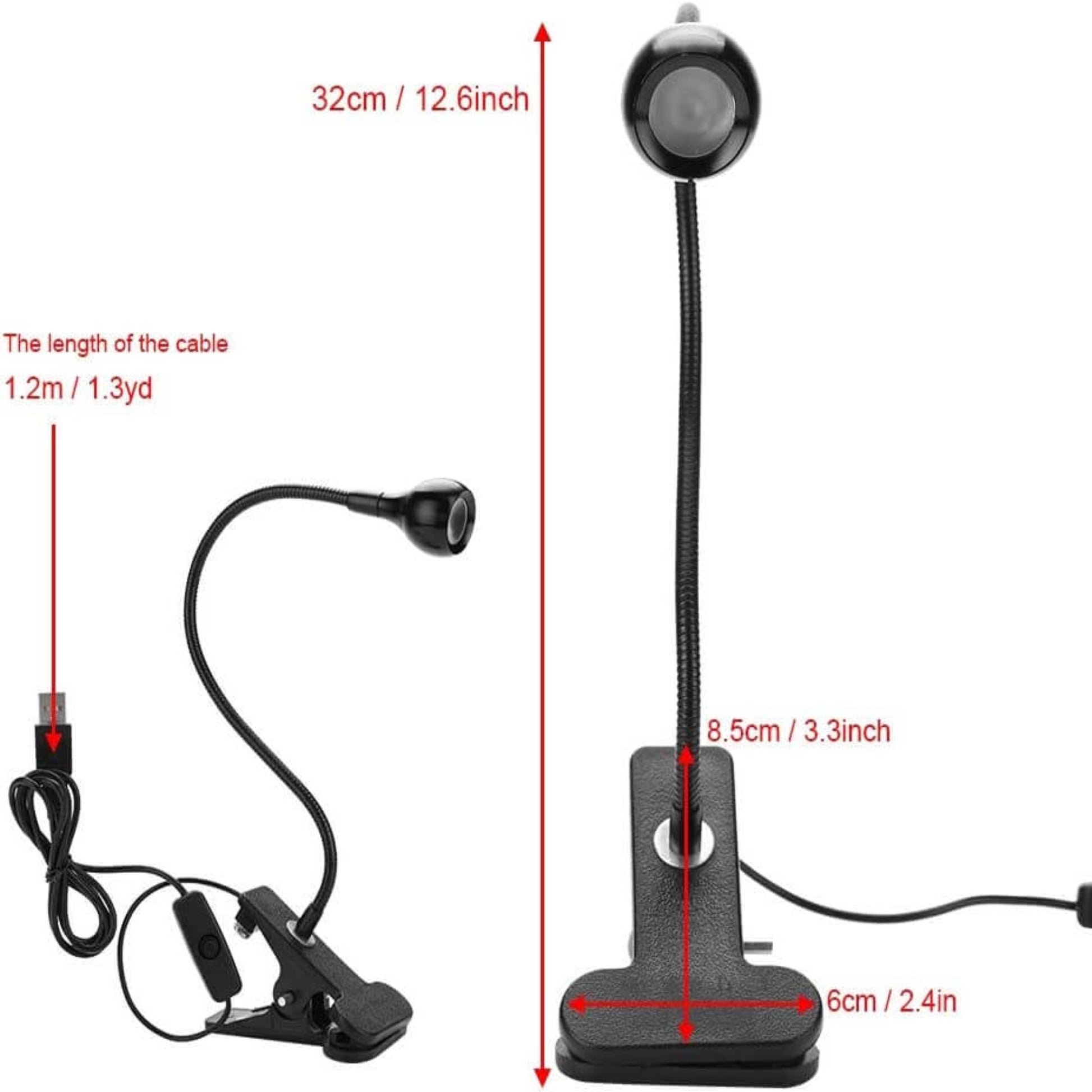 Measurement chart of a flexible microphone with stand and clip on a white background