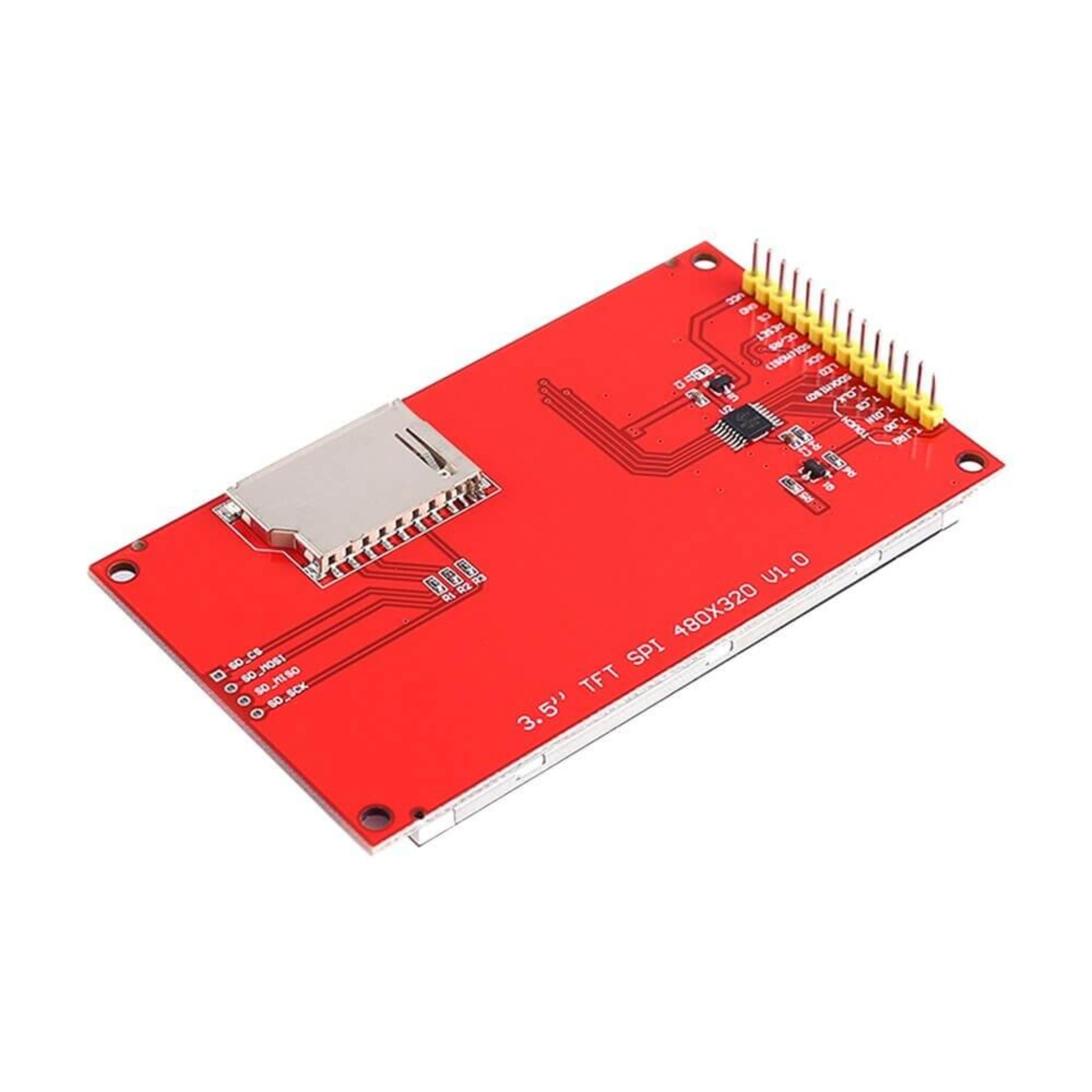 Detailed view of the header pins on the back of the 3.5-inch TFT SPI 480x320 LCD display module.
