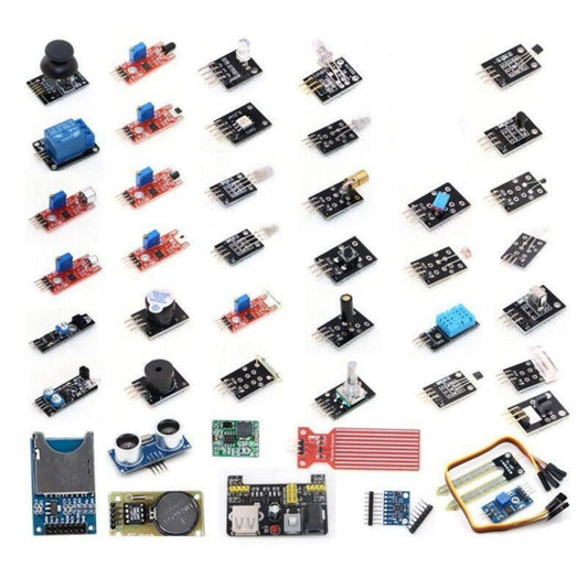 Collection of 43 in 1 sensor modules for Arduino and Raspberry Pi, ideal for robotics and electronics projects.
