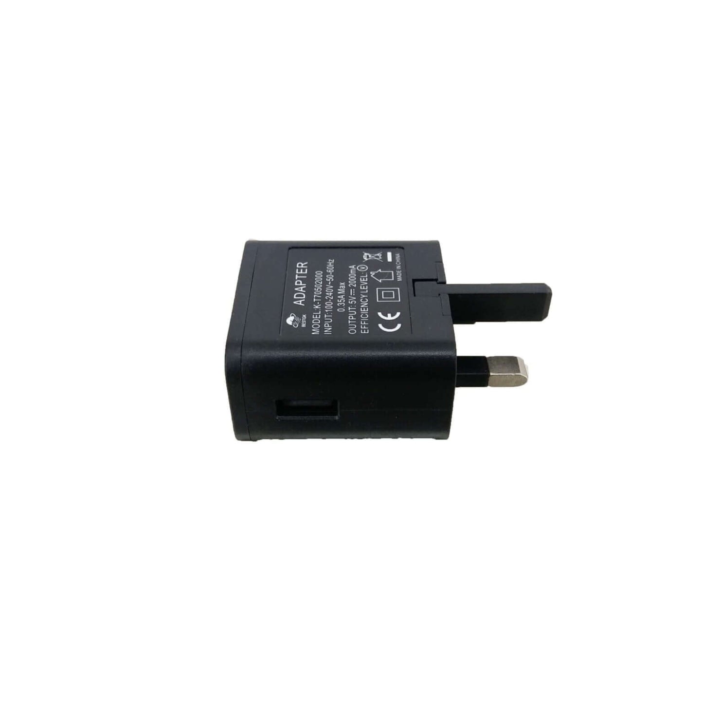 5V 2A UK 3-pin USB wall charger for iPhone, Samsung and other devices, compact and efficient.