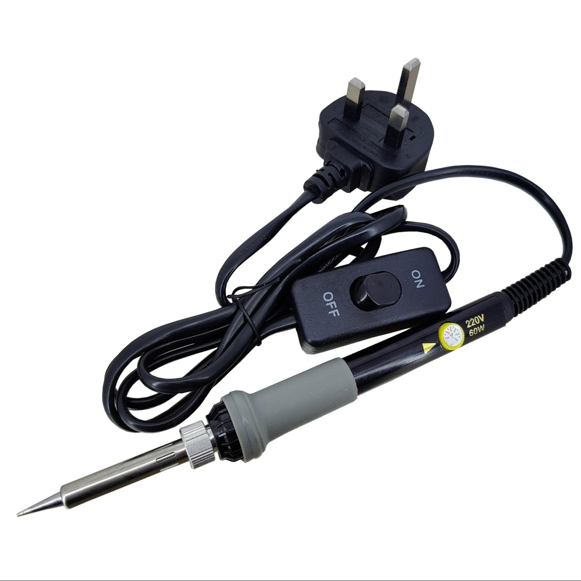 60W adjustable temperature soldering iron with UK plug and ON/OFF switch for precision welding and repair tasks.