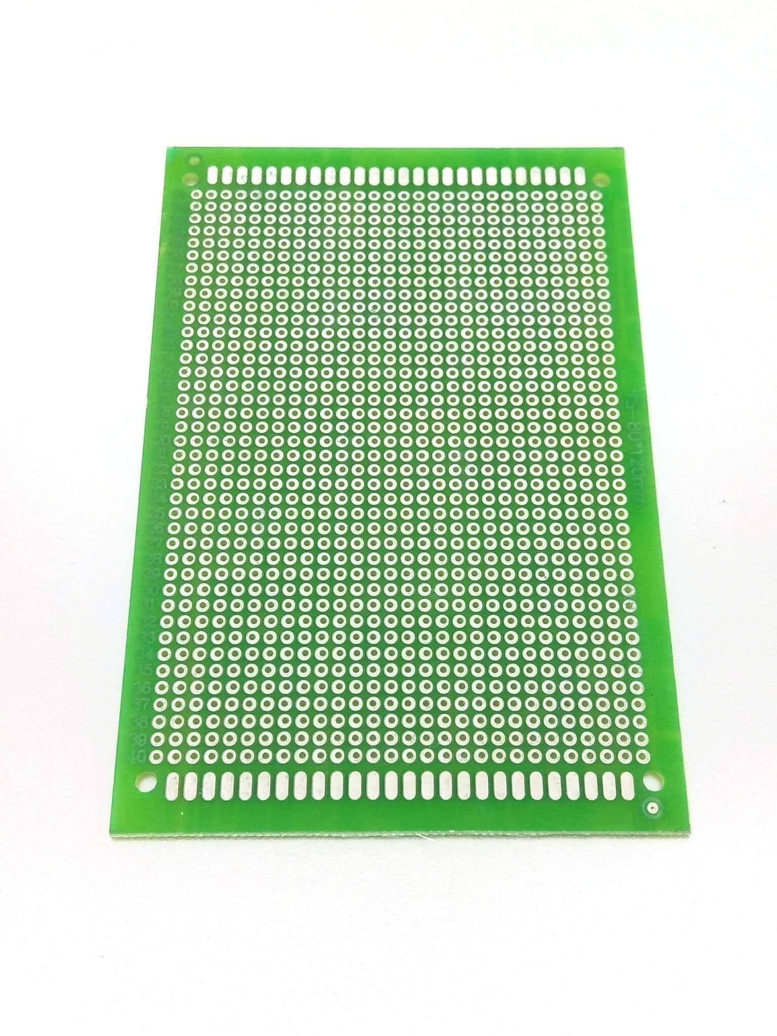 8x12cm single-sided copper prototype PCB for Arduino and soldering projects, featuring a green fiberglass surface.