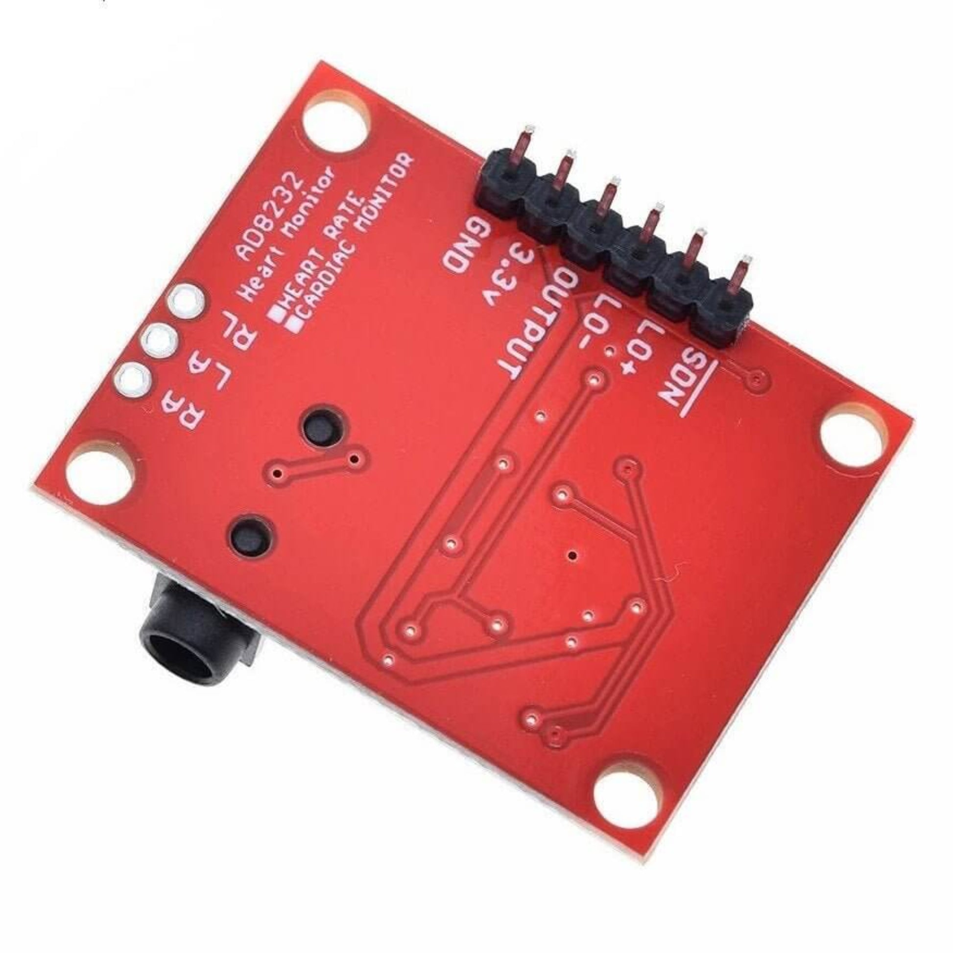 Back view of the AD8232 ECG module showing the RA, LA, RL connection points and GNG, 3.3V, OUTPUT, LO+, SDN pins.