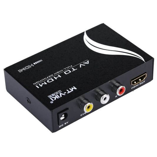 MT-VIKI AV to HDMI Converter with RCA inputs and HDMI output for easy video signal conversion.
