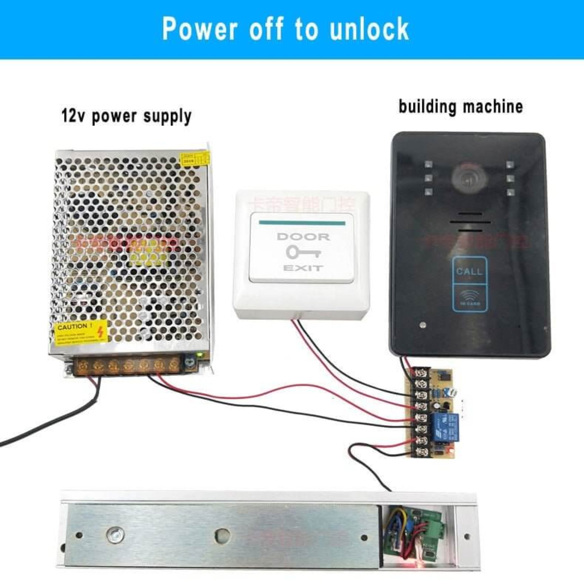 Complete wiring diagram for an access control system showing the 12V power supply, exit button, building machine, and electric lock.