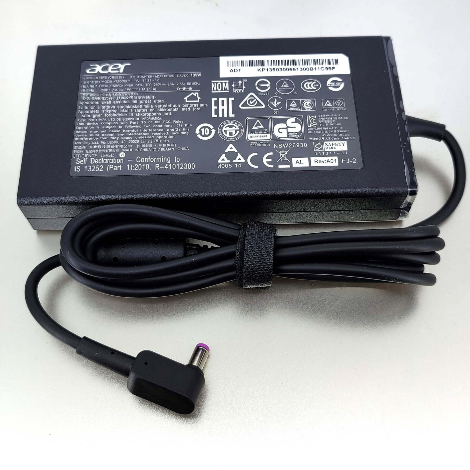 Acer 135W Laptop Charger 19V 7.1A - Purple Tip (5.5x1.7mm) with power cable and connector view.