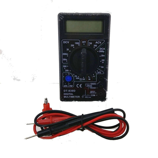 DT830D digital multimeter with test leads for measuring voltage, current, and resistance in electronics.