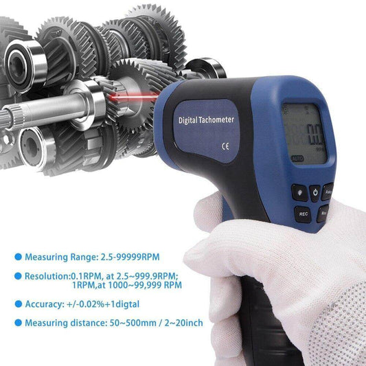 Digital laser tachometer gun measuring RPM with laser targeted on gears, showcasing high precision and wide measuring range.