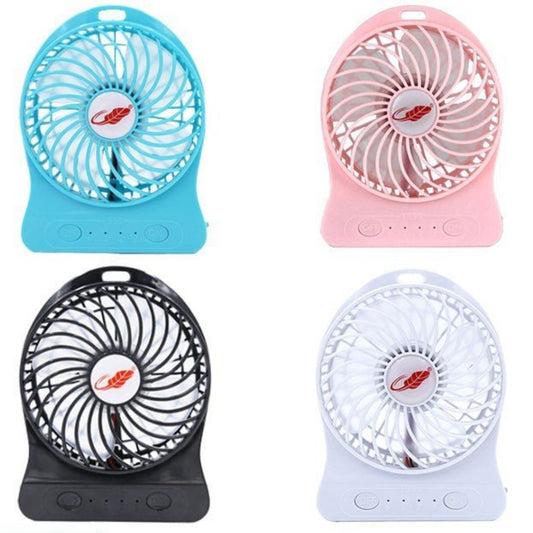 Mini portable USB charging fan in blue, pink, black, and white colors, perfect for desktop cooling.