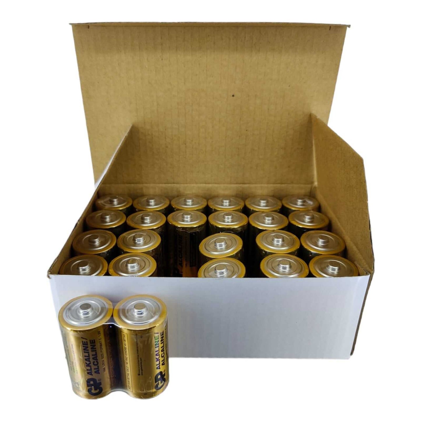 GP Batteries 2-pack C size alkaline batteries in unsealed box, ideal for powering electronics and toys.