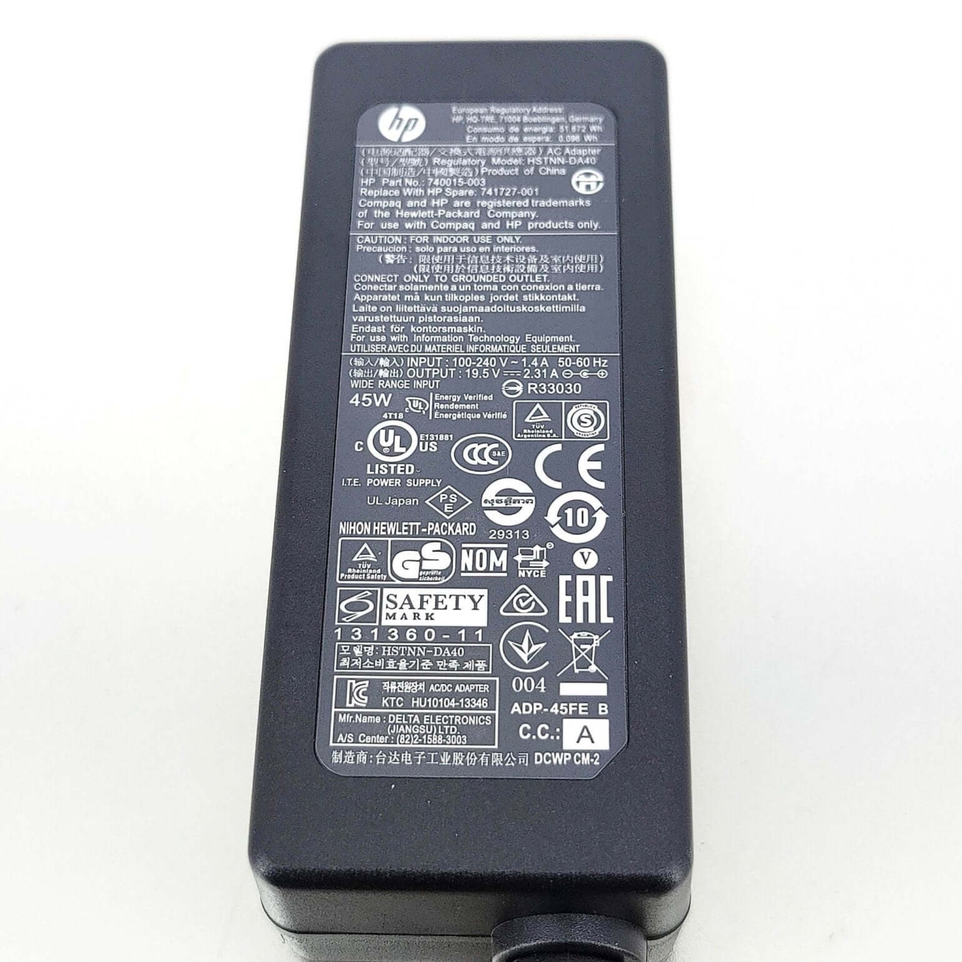 HP 45W 19.5V 2.31A Laptop Charger with 4.5x3.0mm Connector backside view showing safety and certification information.