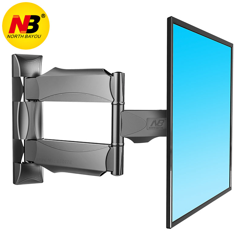 NB P4 full-motion TV wall mount installed on a wall with a 32-55 inch flat-panel TV, showcasing the articulating arm and adjustable positioning.