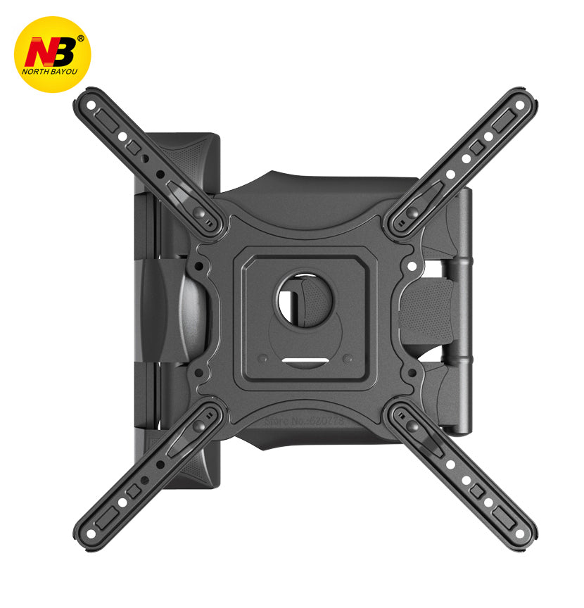 NB P4 wall mount fully extended, with TV pulled away from the wall, demonstrating maximum extension distance.