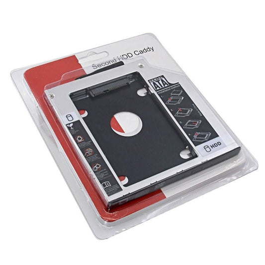 9.5mm SATA III HDD/SSD caddy for laptops in packaging for easy storage expansion.