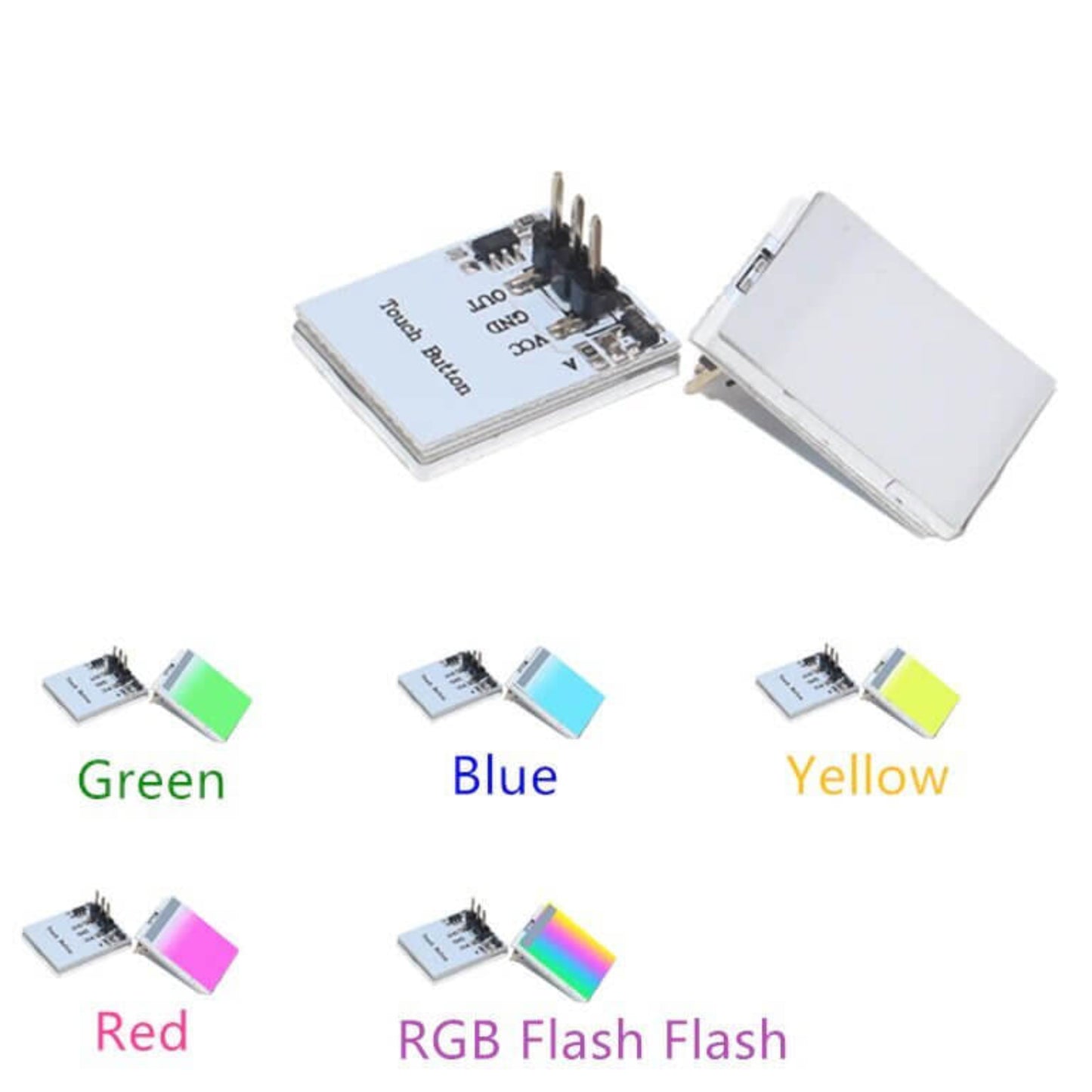 HTTM Touch Button Sensor Module showing various LED colors: Red, Blue, Green, Yellow, and RGB flashing mode.