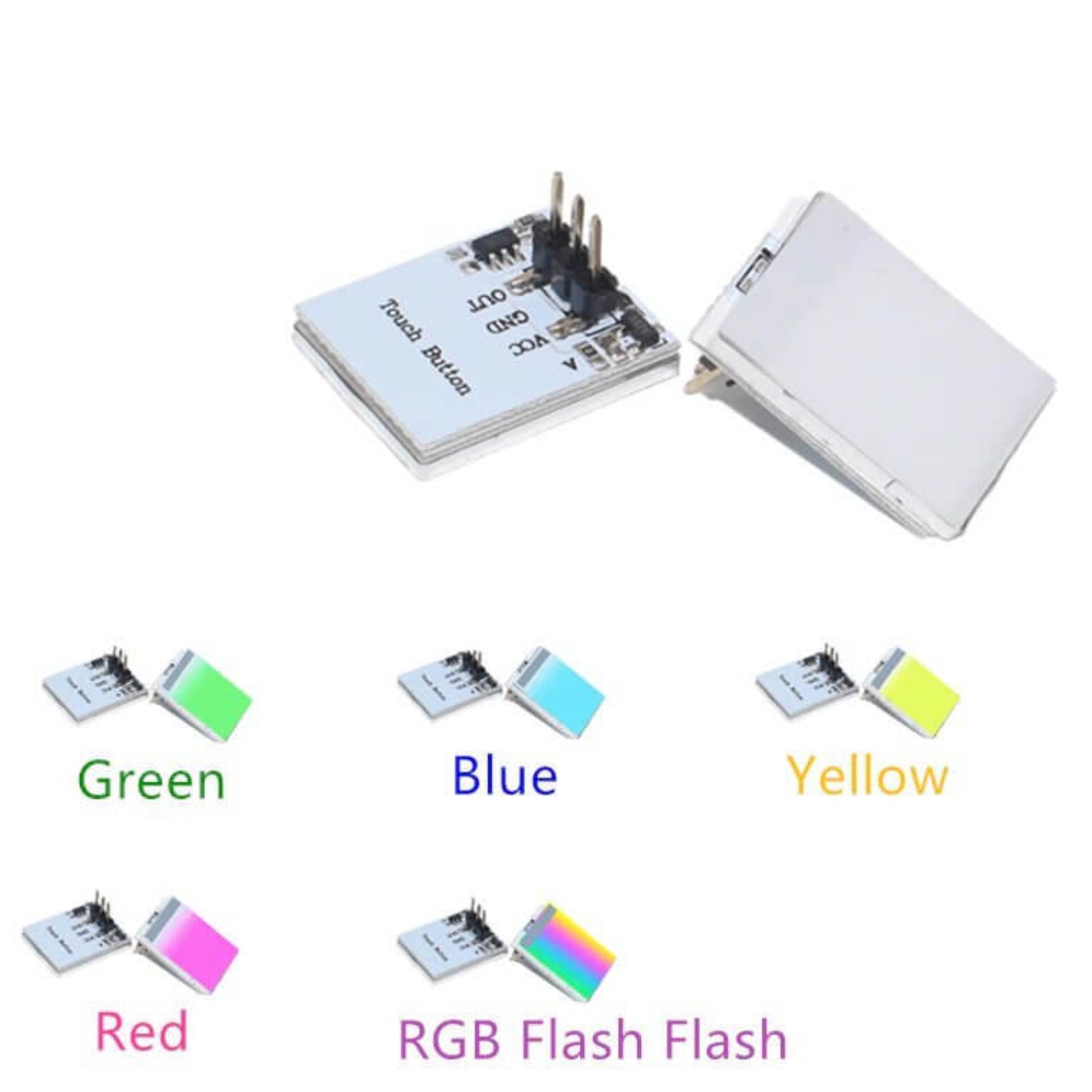 HTTM Touch Button Sensor Module showing various LED colors: Red, Blue, Green, Yellow, and RGB flashing mode.