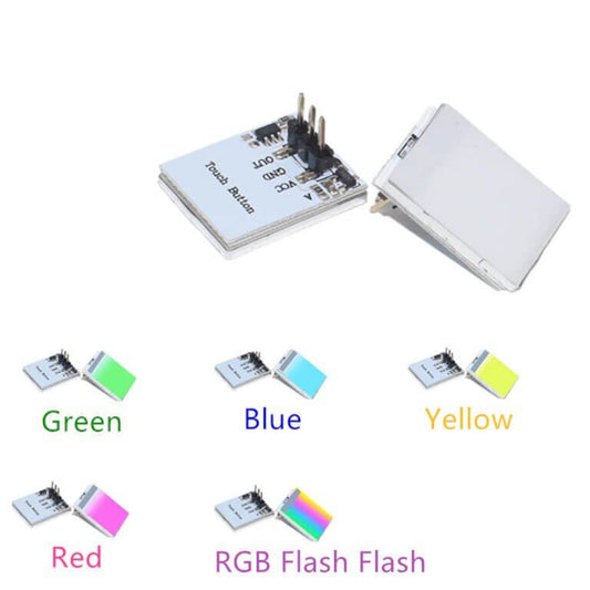 HTTM Touch Button Sensor Module showing various LED colors: Red, Blue, Green, Yellow, and RGB flashing mode.