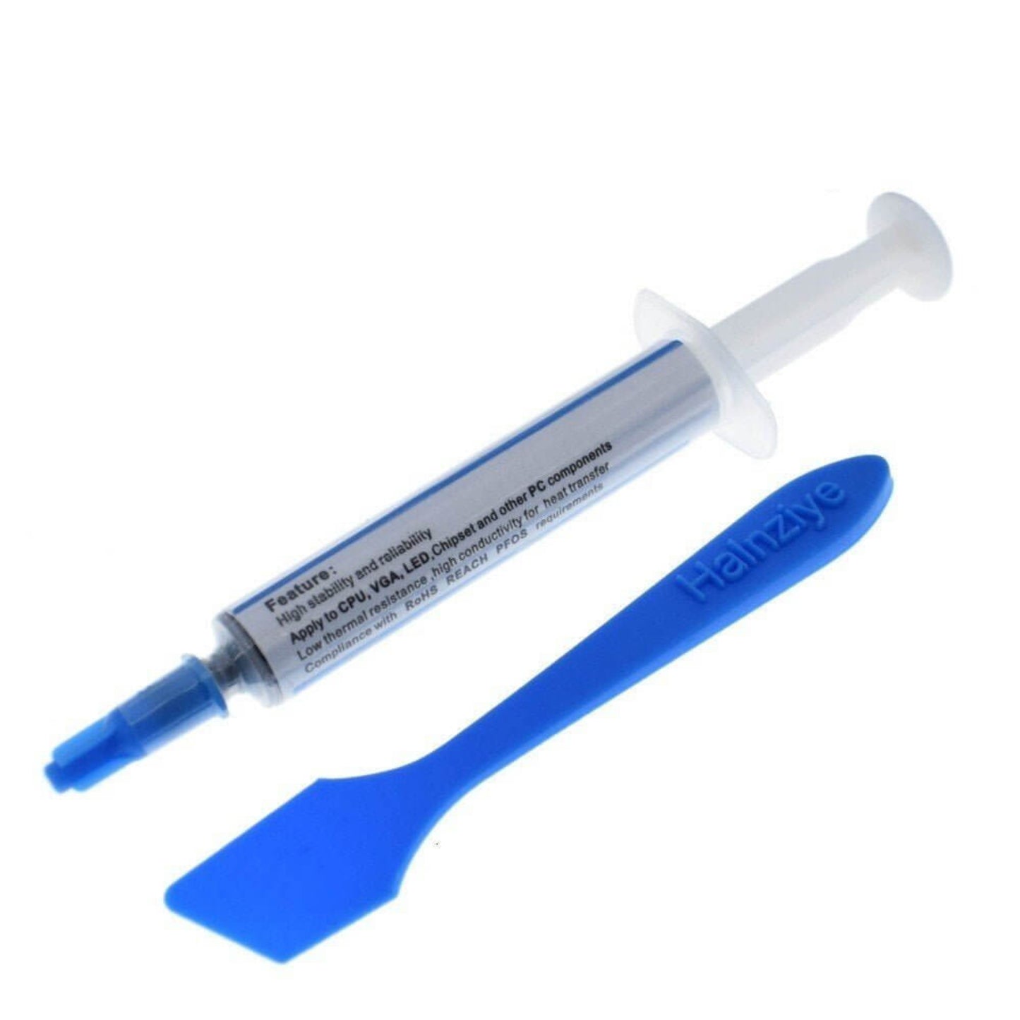 Syringe of thermal grease with a blue application tool, ideal for CPU cooling and high-performance thermal conductivity.