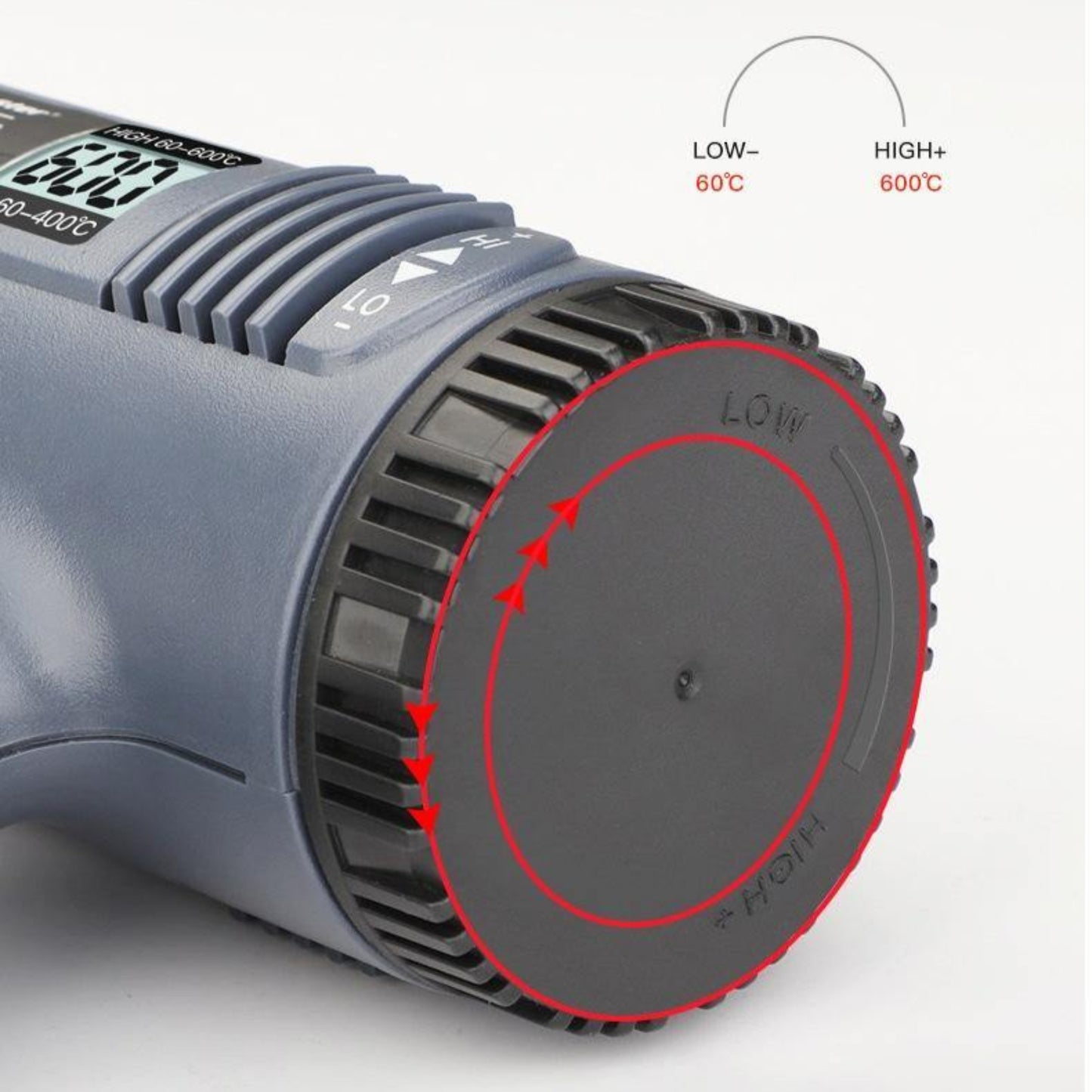 Close-up of adjustable temperature dial on 2000W Digital LCD Hot Air Gun with low and high settings.