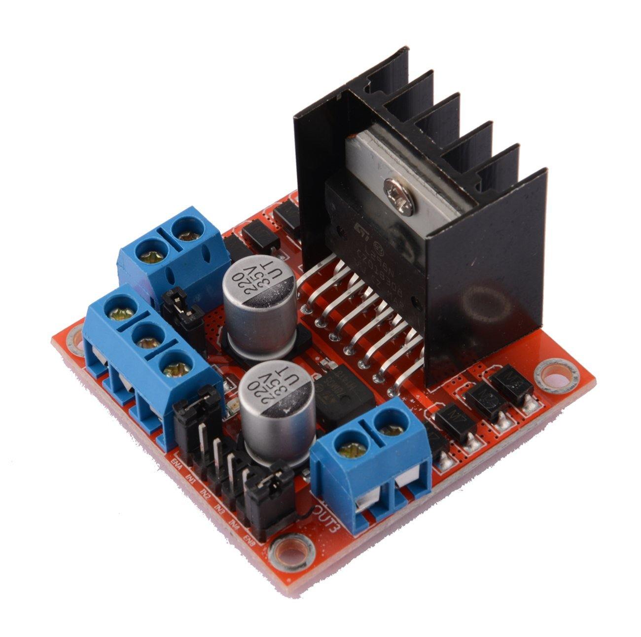 Angled perspective of L298N stepper motor driver board showing capacitors, heat sink, and input/output terminals.