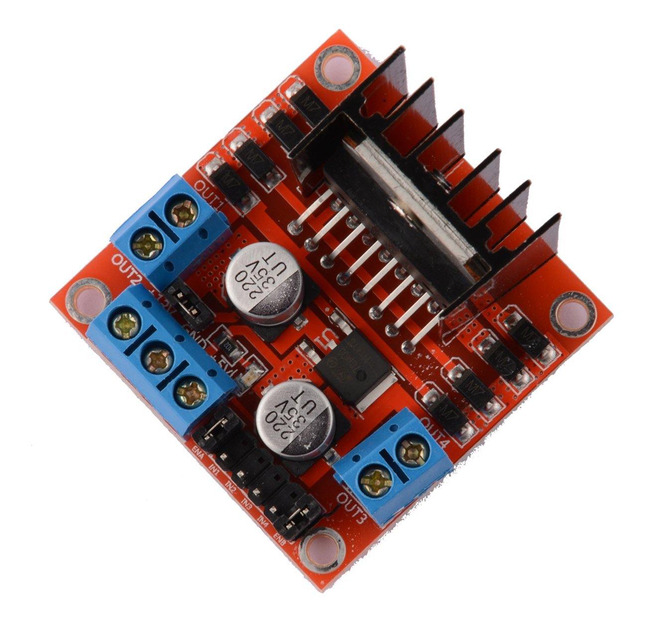 Top view of L298N Dual H-Bridge motor driver module for Arduino and Raspberry Pi with heat sink and screw terminals.