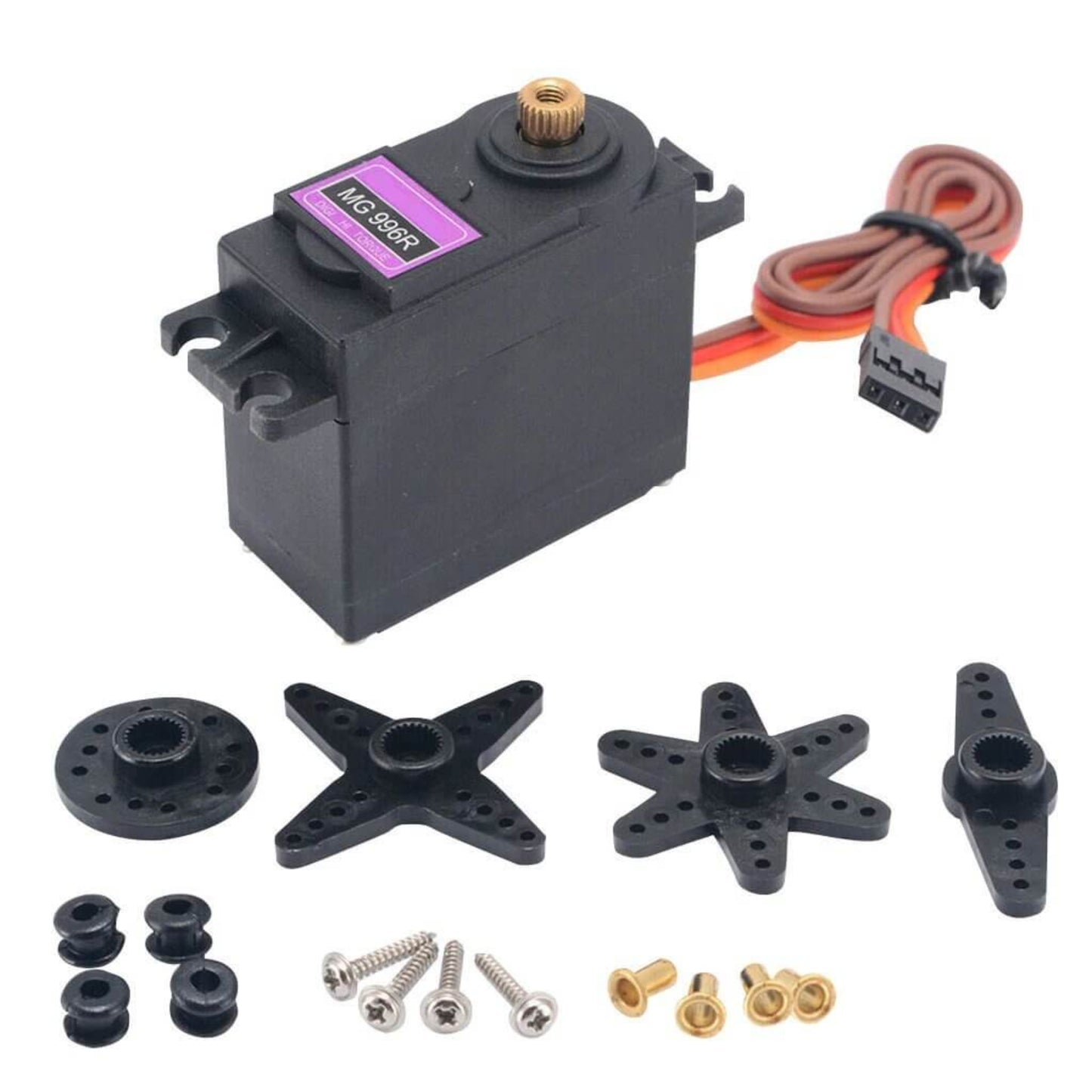 MG996R Set Gear Servo Motor with accessories for RC cars and helicopters, featuring metal gears and double ball bearings.