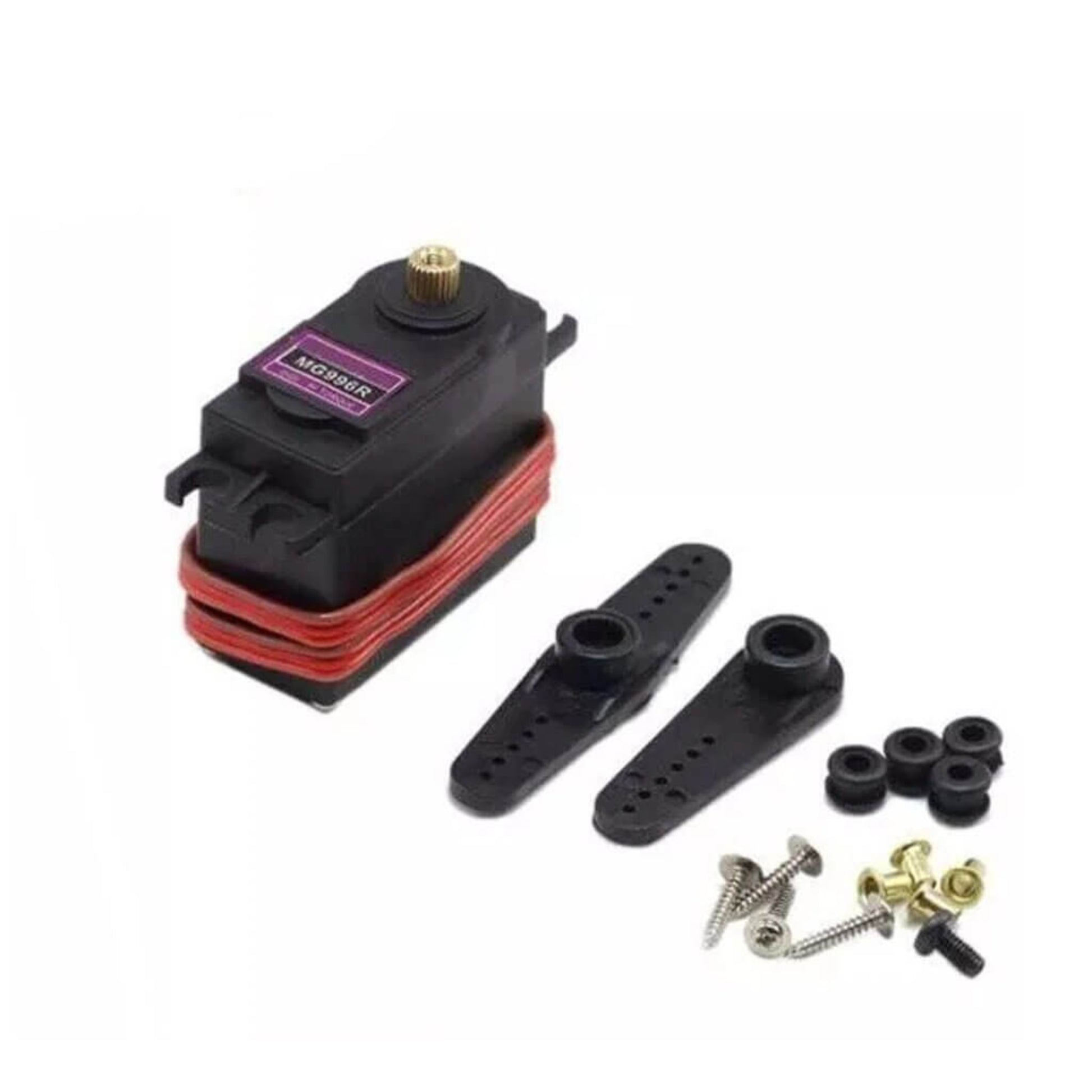 MG996R Set Gear Servo Motor with accessories for RC vehicles, featuring metal gears and coreless motor for high torque performance.