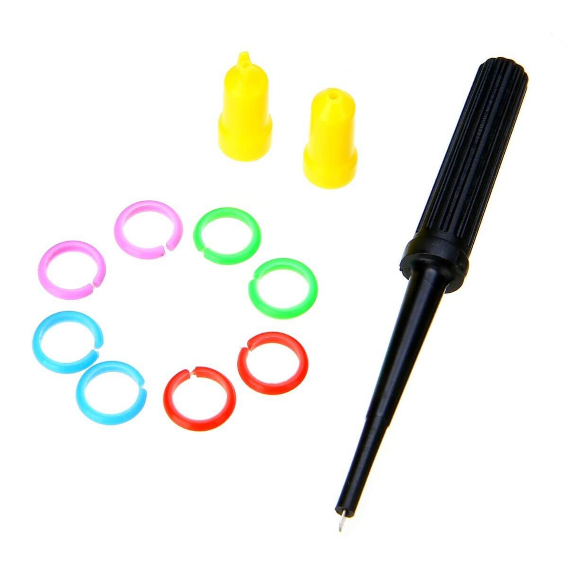 P6100 Oscilloscope Probe accessories: calibration adjustment tool, color rings, and tips.