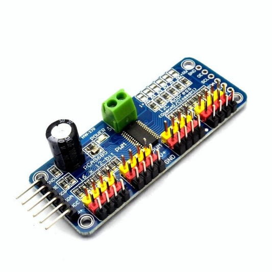 PCA9685 16 Channel Servo Motor Driver I2C Module for robotics with 12-bit PWM outputs and control pins.