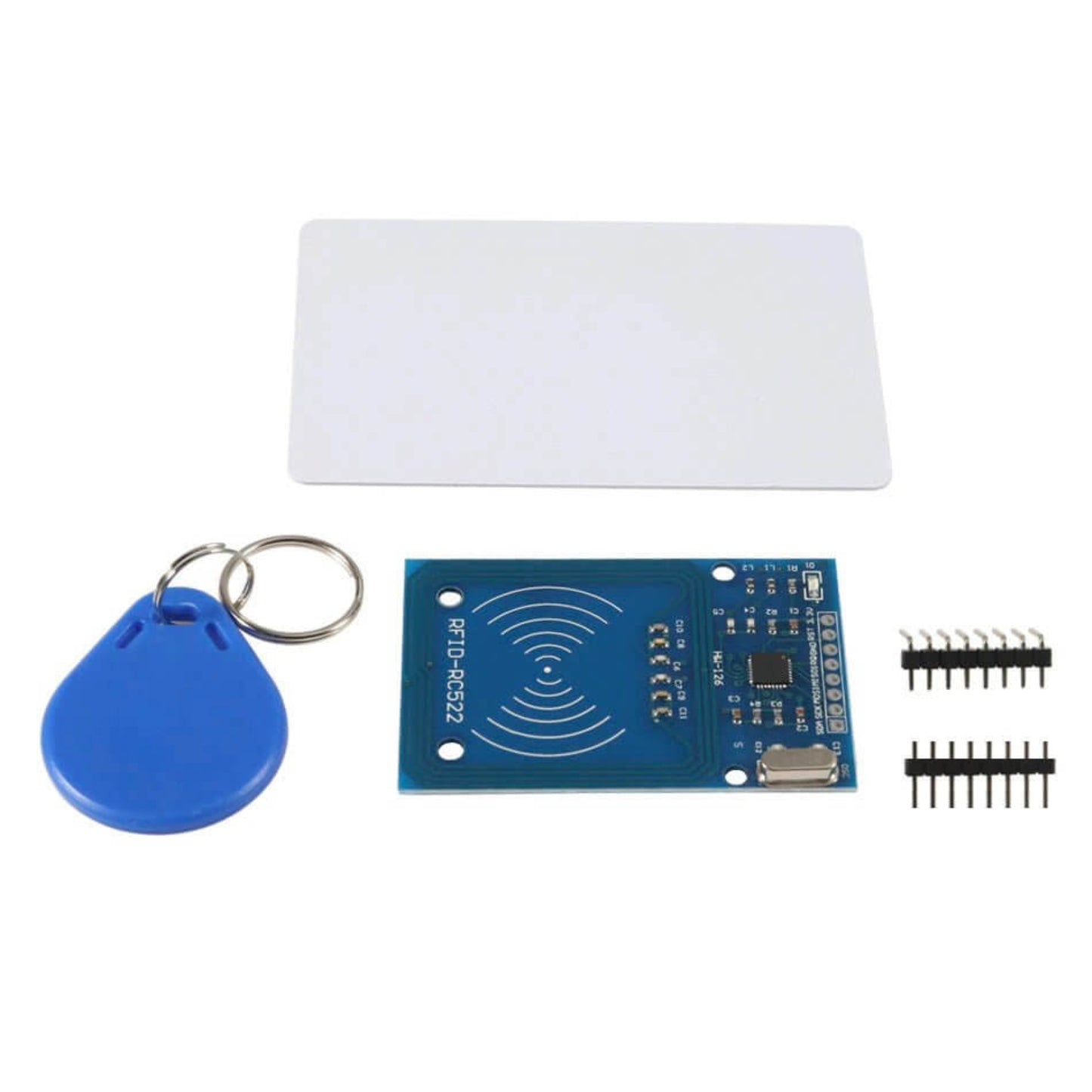 MFRC-522 RFID module kit with keychain, card, and connectors for Arduino-based projects.