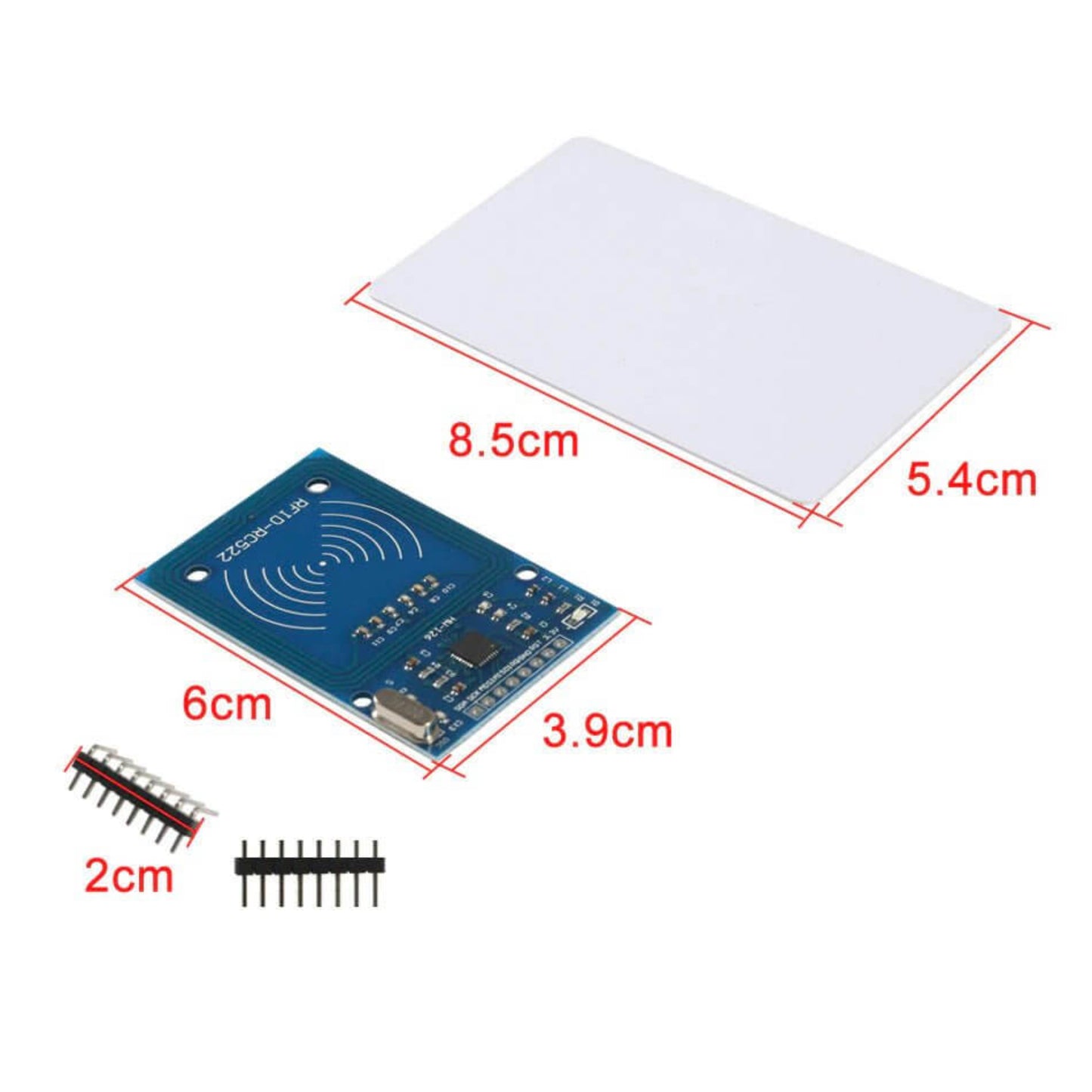 MFRC-522 RC522 RFID module with card keychain, sizes marked, suitable for Arduino projects and access control.