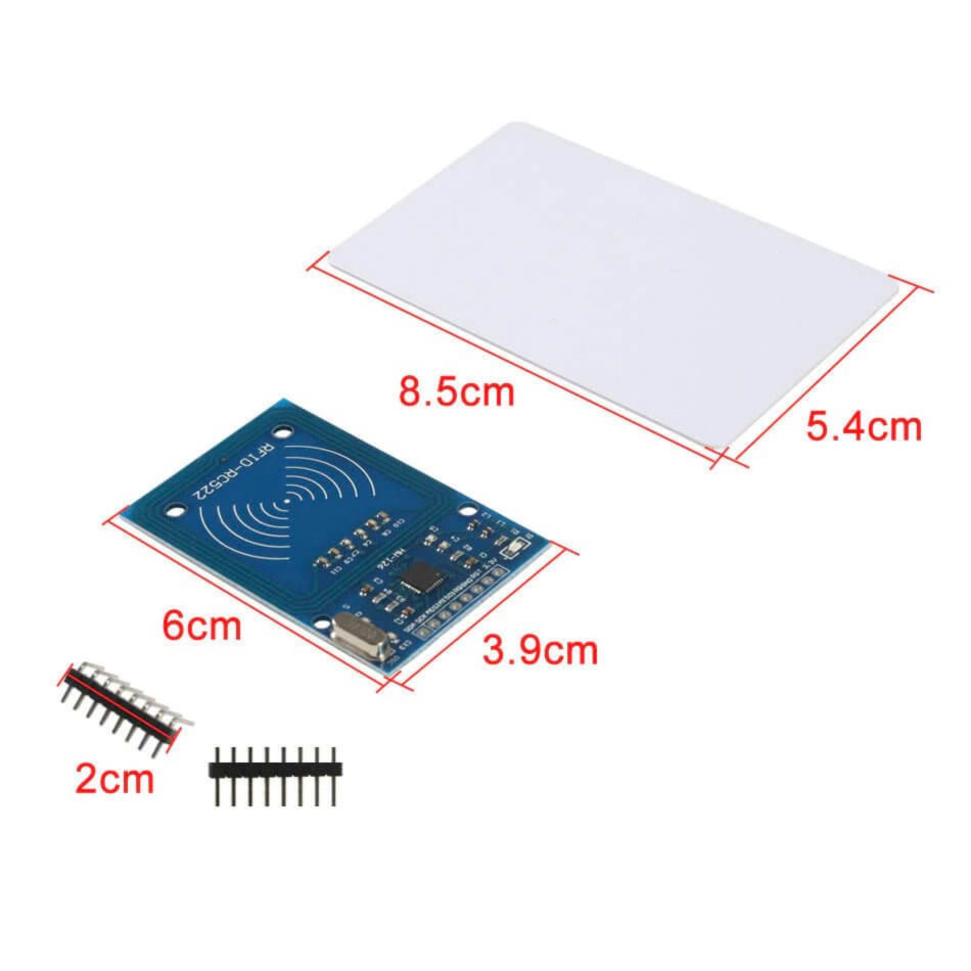 MFRC-522 RC522 RFID module with card keychain, sizes marked, suitable for Arduino projects and access control.