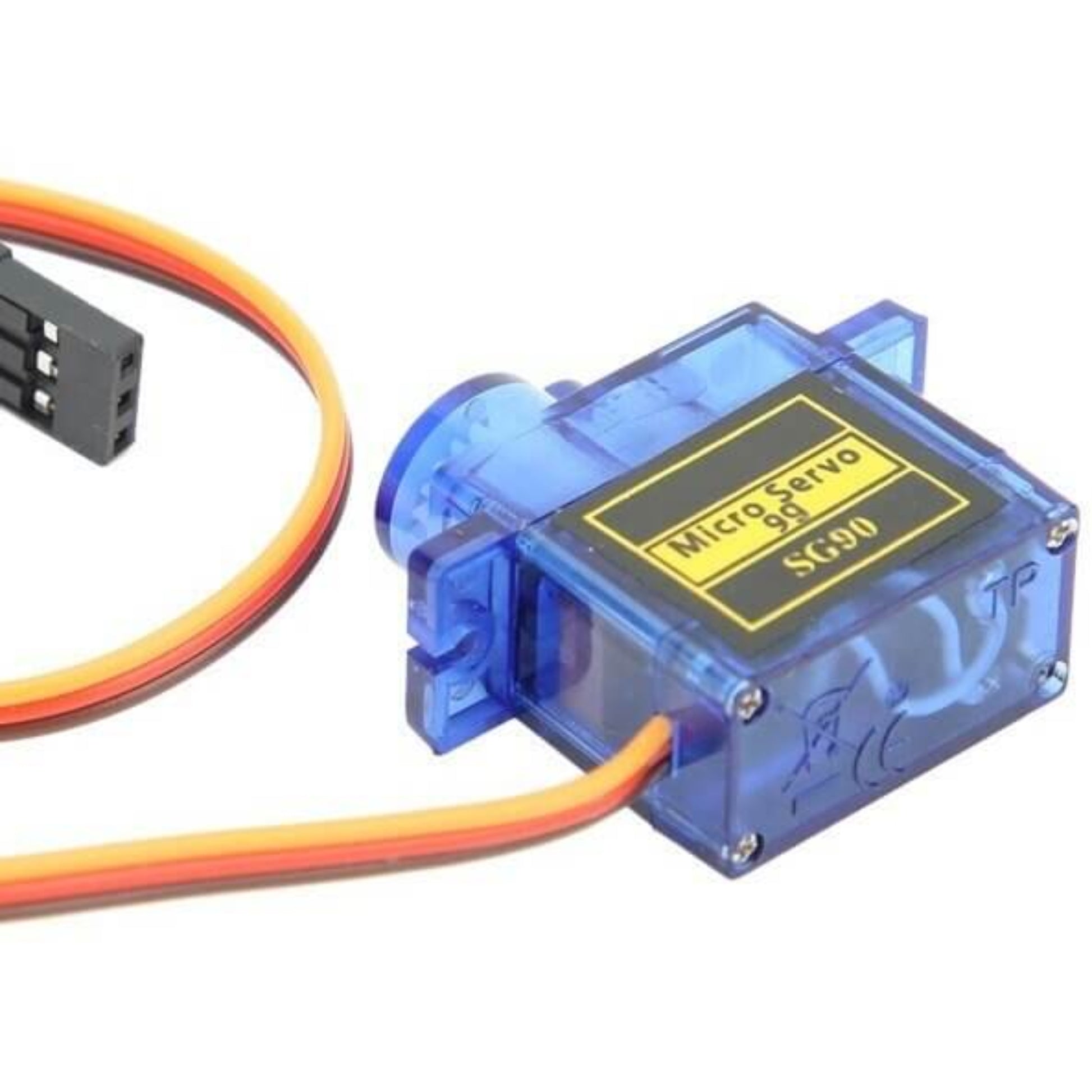 SG90 9G micro servo motor with multi-colored wires for RC helicopter and airplane controls.