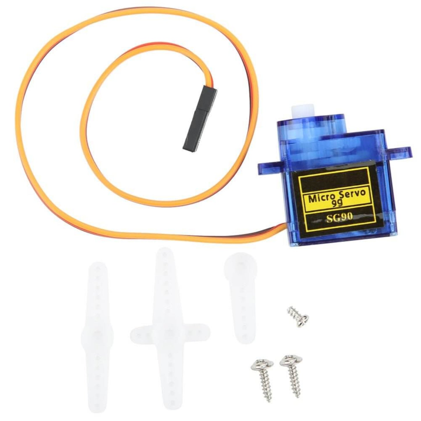 SG90 9G Micro Servo Motor with accessories for RC helicopters and robots, showcasing stability and reliability.