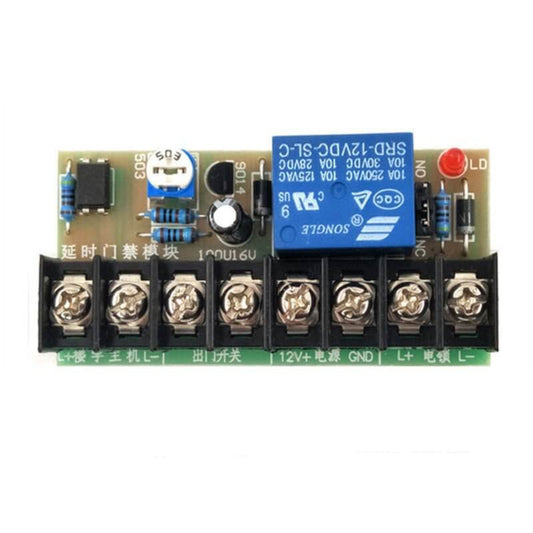 Front view of the Time Delay Access Control Module circuit board, showing adjustable knob and relay components.