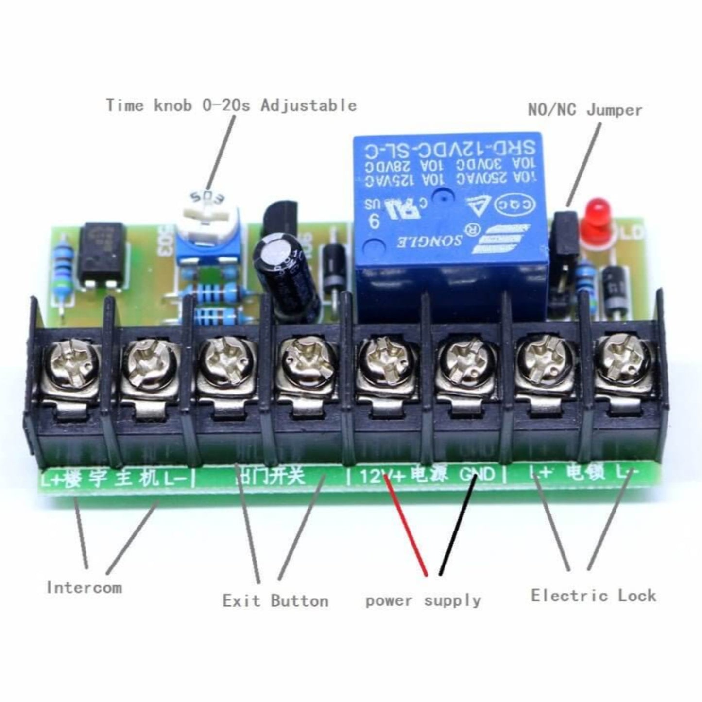 Time Delay Access Control Module with clearly labeled wiring for intercom, exit button, power, and electric lock connections.