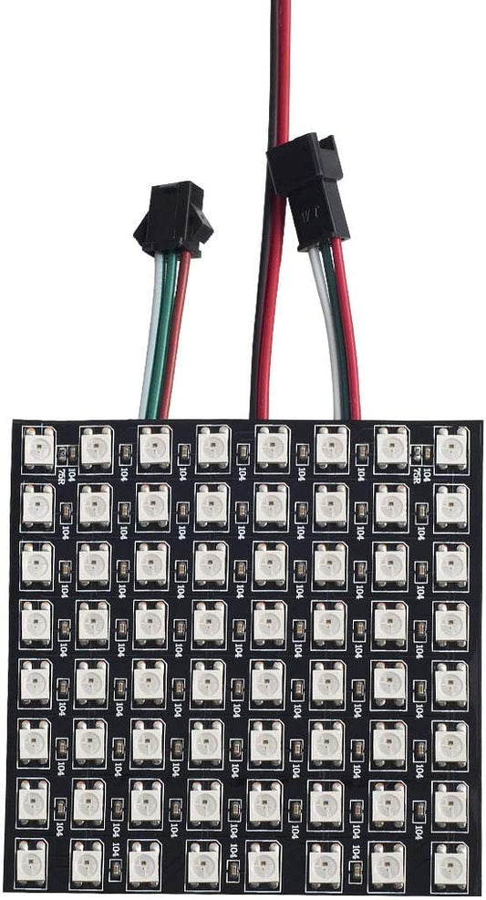 An 8x8 pixel panel LED module with RGB LEDs, connected to a cable with red, green, and blue wires.