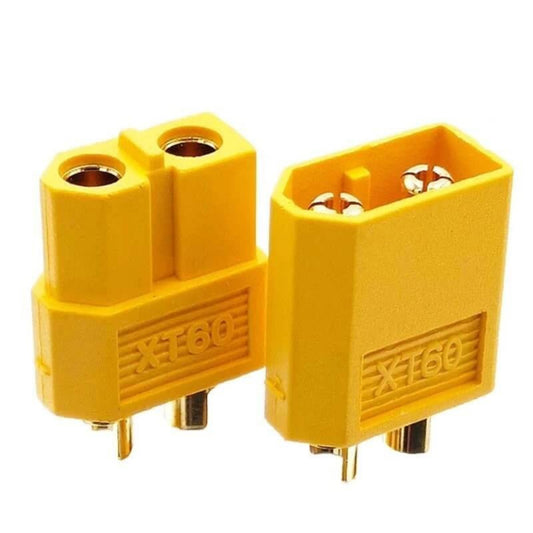 Close-up of two XT60 male and female bullet connectors, ideal for RC Lipo battery power connections.
