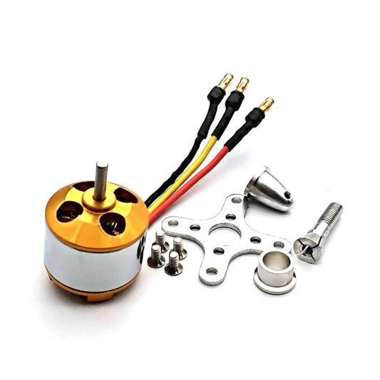 A2212 1400KV 外轉子無刷摩打及配件，顯示金銀色金屬外殼、預焊鍍金香蕉頭的三色電源線、十字底座、螺旋槳夾及固定螺絲。