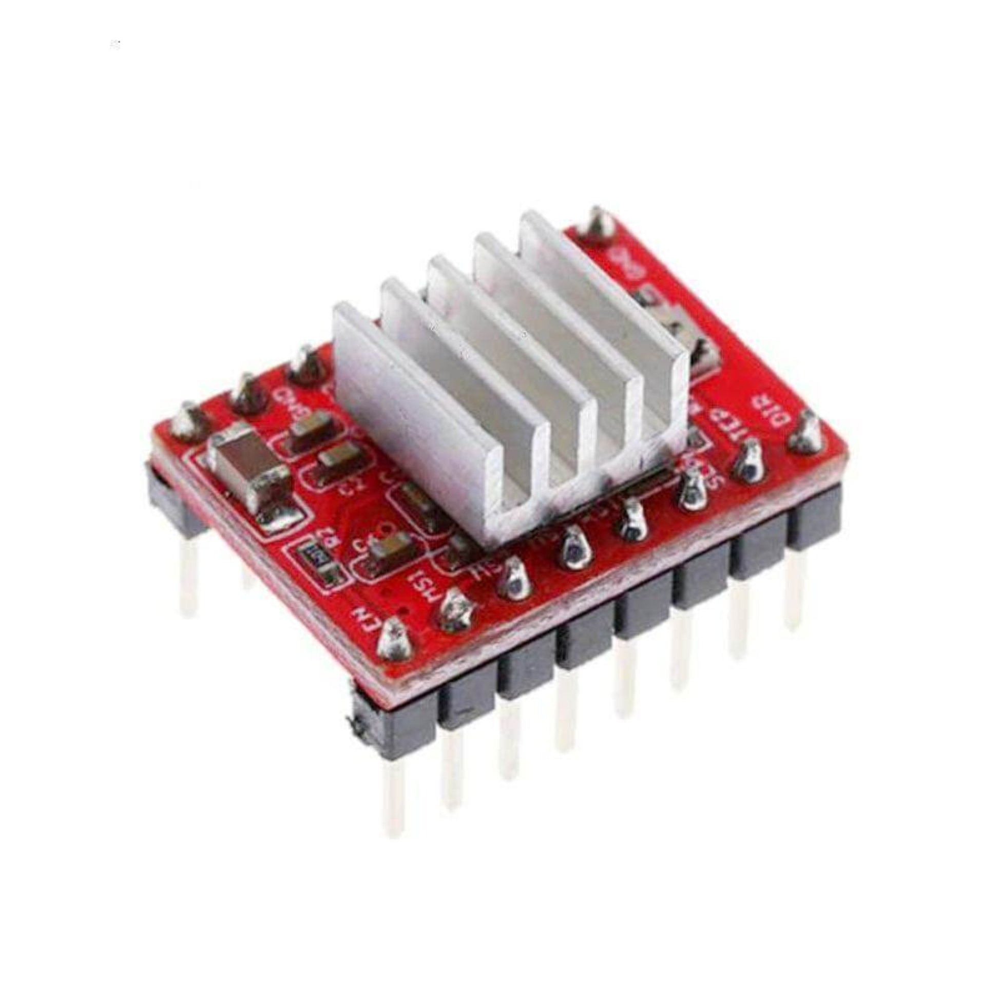 Reprap A4988 stepper motor driver module with heatsink, compatible with Arduino, features microstepping and high output capacity.