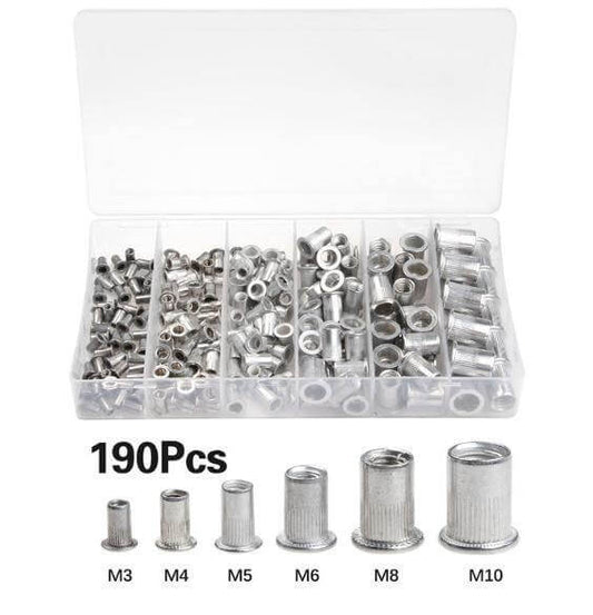 190-piece Aluminum Rivet Nut Kit with M3-M10 threaded inserts, organized in clear storage case for easy access.