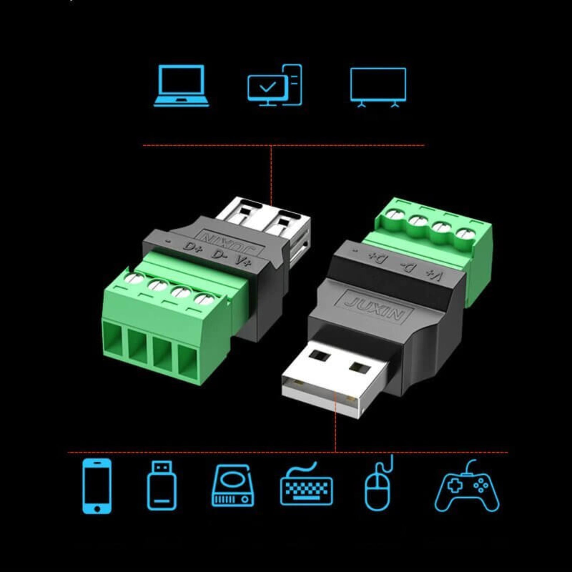 USB to 4-pin screw connector adapter for versatile device connectivity, featuring male and female USB ports.