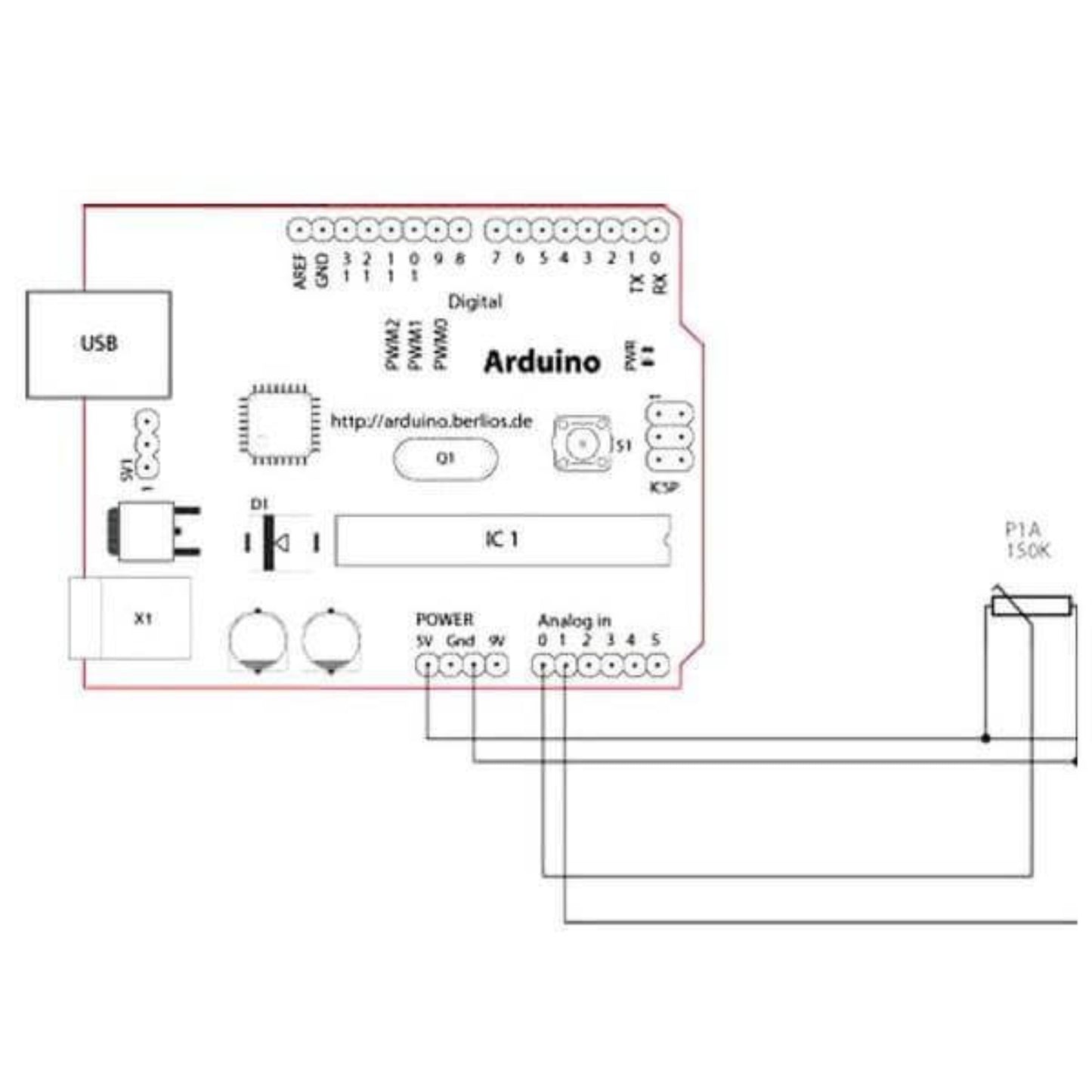 Arduino circuit diagram with connections for dual-axis joystick module and USB interface.