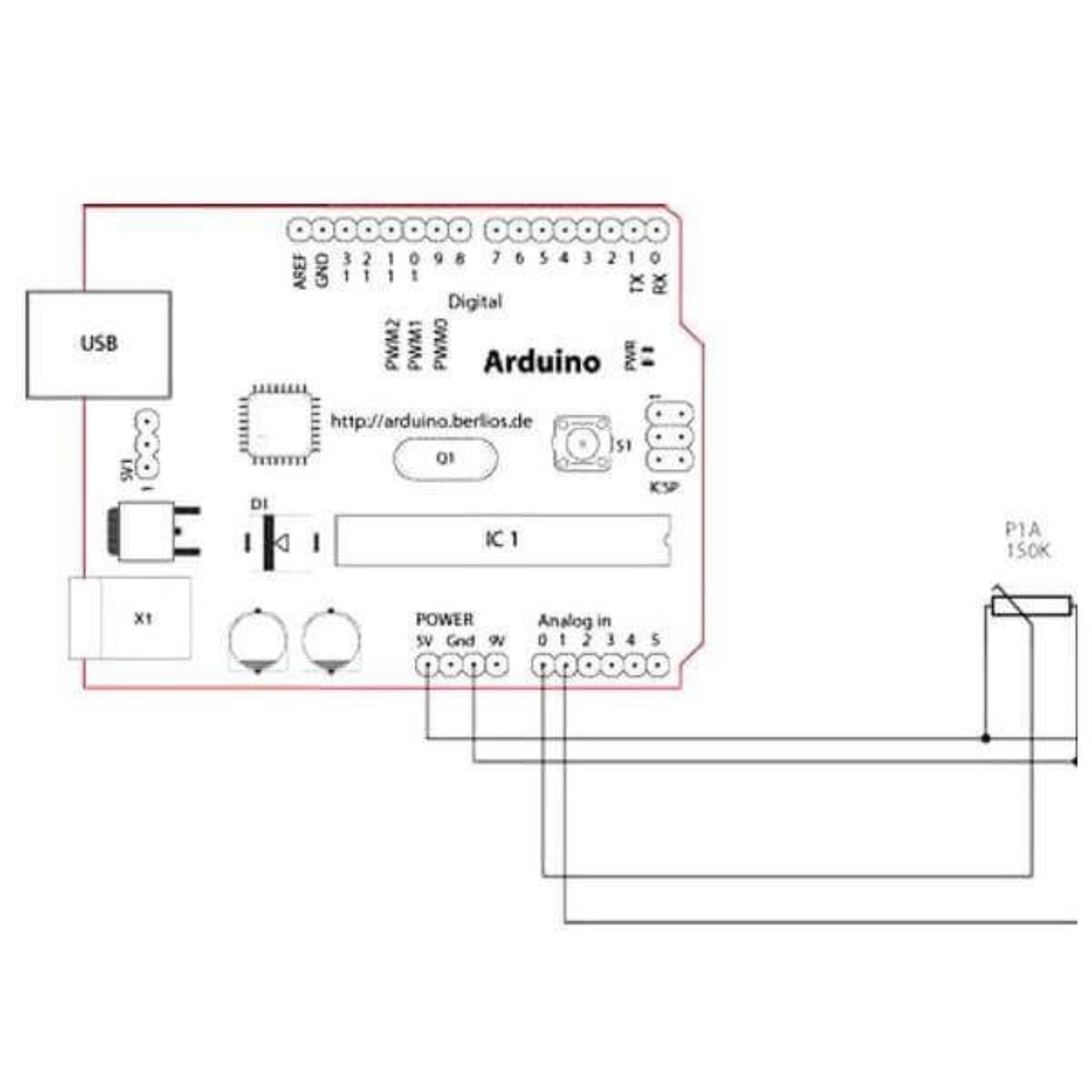 Arduino circuit diagram with connections for dual-axis joystick module and USB interface.