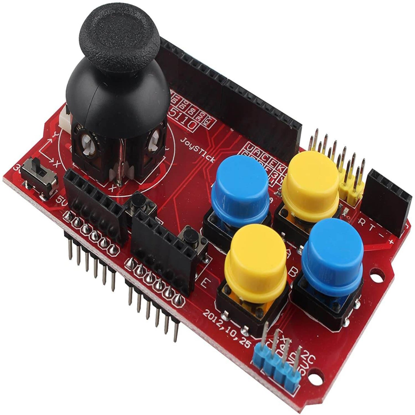 Arduino UNO compatible JoyStick Shield expansion board with PS2 joystick, four buttons, Nokia 5110 LCD and nRF24L01 interfaces.